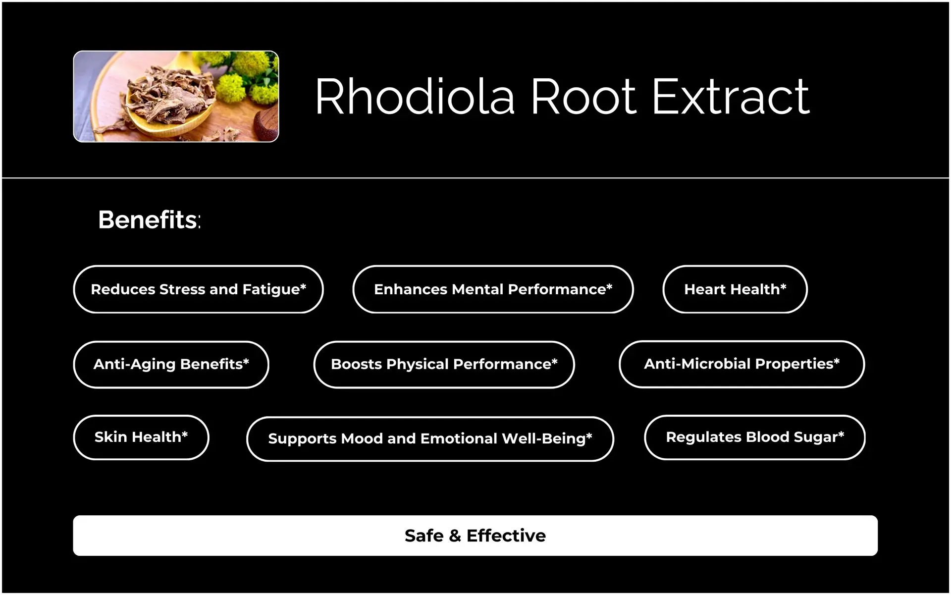 An adaptogen from the high mountain regions of Europe and Asia, Rhodiola Root Extract combats oxidative stress, promotes healthy blood pressure, and supports cellular health with its antioxidant properties.*  Known as the "golden root" for its endurance-boosting effects, this resilient plant thrives in harsh polar climates and has been valued for centuries for its stamina-enhancing benefits.